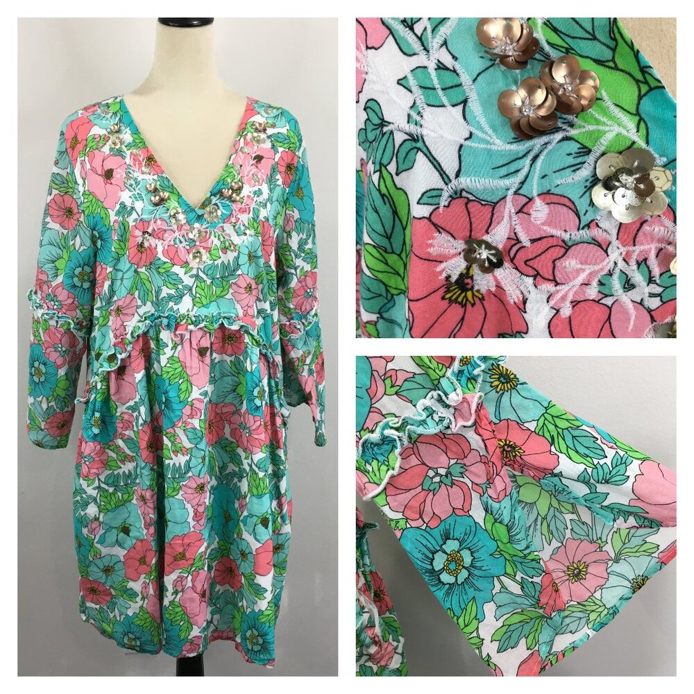 BOSTON PROPER Slit Sleeve Floral Print Pockets Sequin Embroidery Ruffle Dress